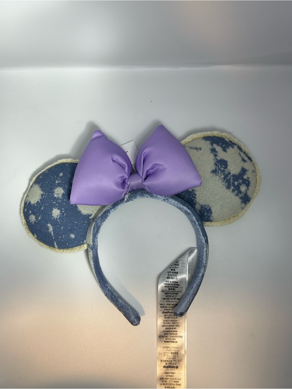 Disney Denim-Print Ear Headband with Lavender Bow - NWT